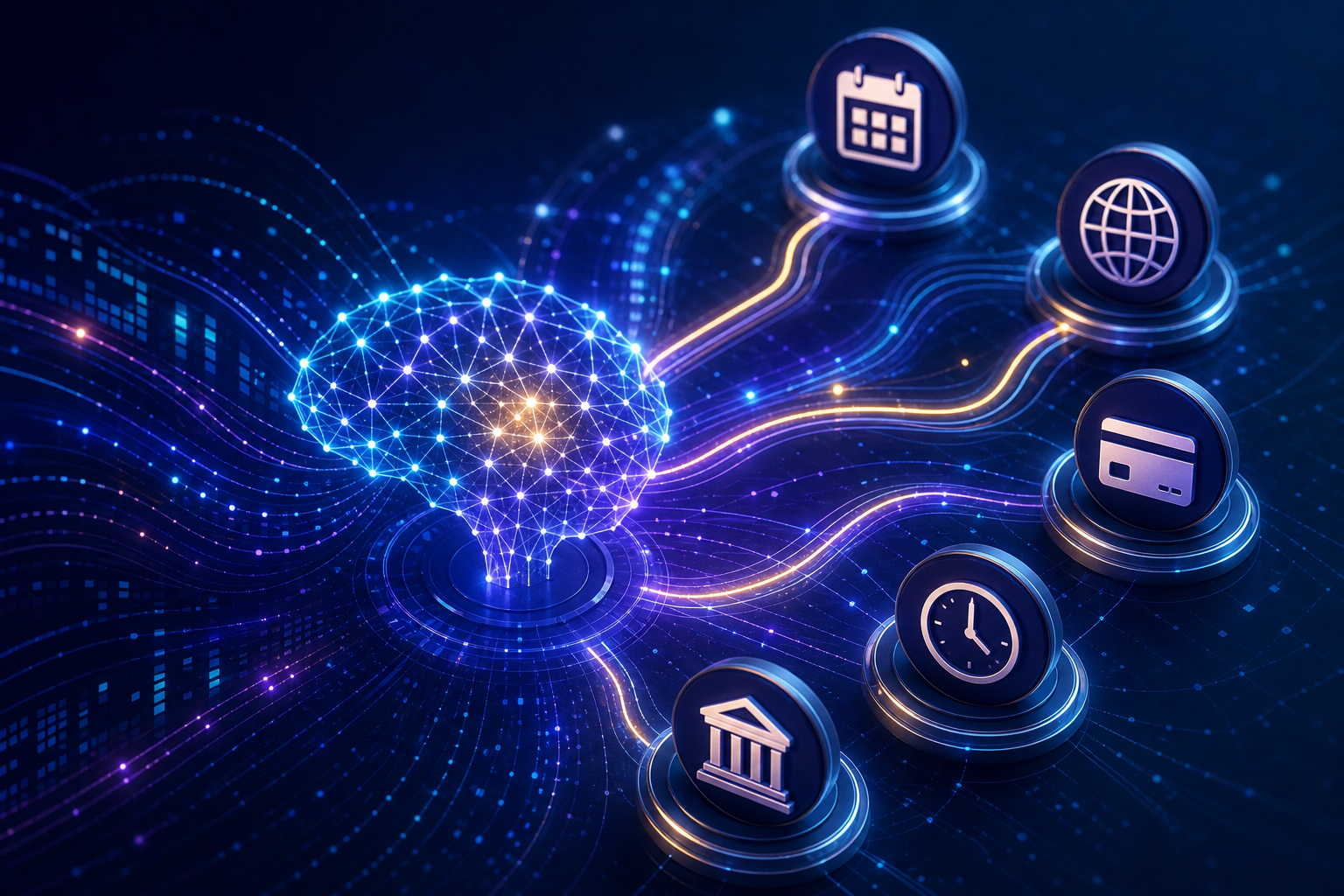A glowing neural network visualization with interconnected nodes and data pathways branching outward, representing artificial intelligence analyzing multiple variables simultaneously. Abstract digital streams flow between nodes labeled with icons for calendar, globe, credit card, clock, and bank building. Deep blue and electric purple color palette with subtle gold highlights. Clean, modern, three-dimensional perspective on a dark background.