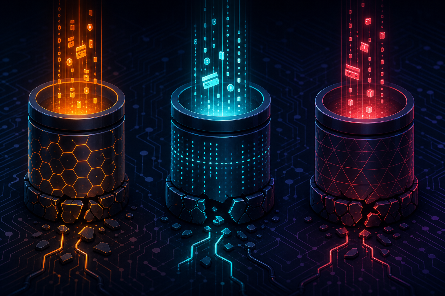 Abstract digital illustration showing three separate isolated data silos or containers, each with different colored glowing streams of payment data flowing downward and getting fragmented or disconnected. The silos are visually distinct and separated by gaps, symbolizing siloed billing systems that cannot communicate with each other. Dark background with deep blue and purple tones, neon accent colors of orange, teal, and red for the data streams. Each silo has a different visual pattern to represent different platforms. Modern, clean, tech-forward aesthetic with subtle circuit-board texture in the background.