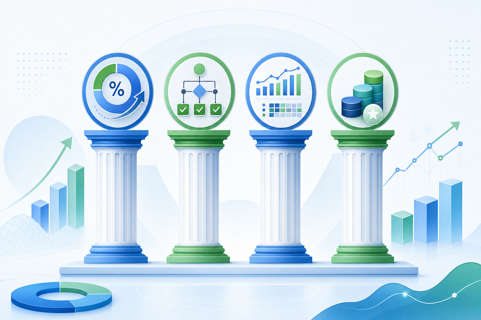 A professional illustration showing an evaluation framework with four distinct pillars or columns representing different assessment criteria. Visualize metrics, data analysis, comparison charts, and performance benchmarks. Use a clean, modern design with blue and green color scheme, subtle gradients, and abstract geometric shapes representing evaluation categories like recovery rates, retry logic sophistication, customization depth, and pricing. Include visual elements like percentage symbols, upward trending arrows, checkmarks, and analytical graphs. Minimalist, tech-forward style without any text or labels.