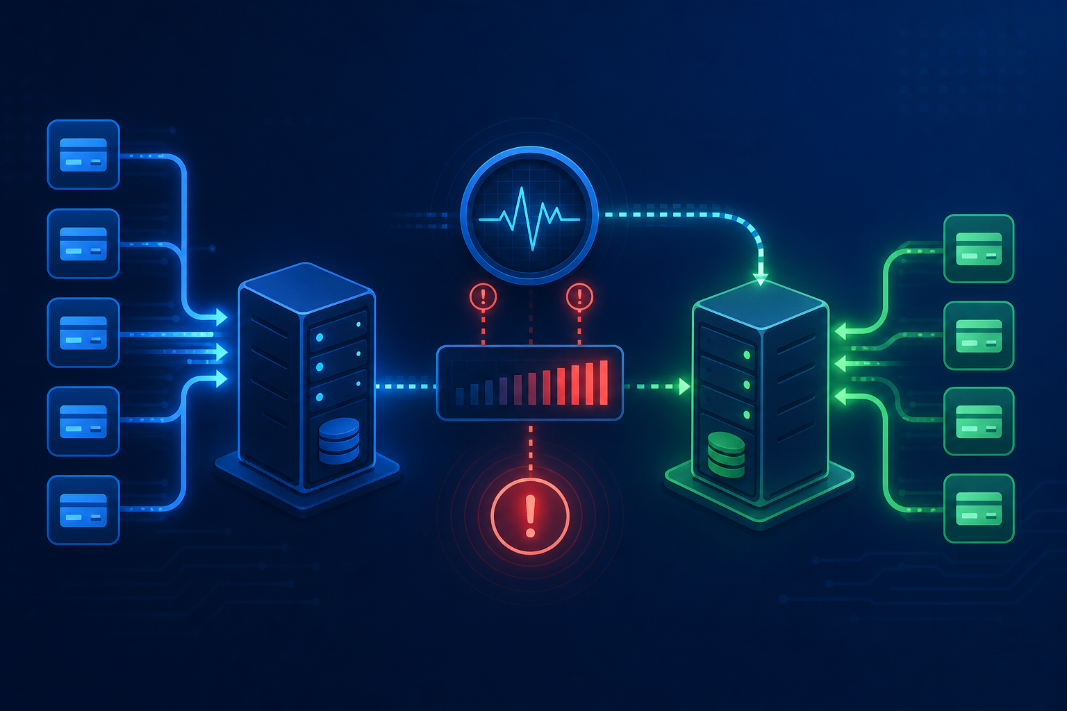 A technical flow diagram showing payment gateway health monitoring and automatic failover. A stream of transaction request arrows flows into a primary gateway server node on the left. A health monitor element in the center detects rising error signals shown as pulsing red warning indicators and threshold bars filling up. When the threshold is crossed, traffic arrows automatically reroute and flow to a backup gateway server node on the right. The backup node glows green to show it is active and receiving traffic. Modern flat design style, dark navy blue background, electric blue and teal accent colors for nodes and arrows, subtle glowing effects on active nodes. No text, no labels, no letters, no words anywhere in the image.