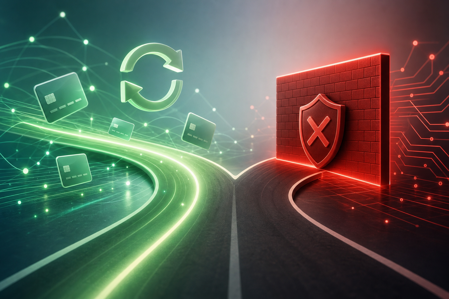A clean conceptual illustration showing two diverging payment paths at a fork in the road. On the left path, soft glowing green light represents temporary, recoverable payment failures with a sense of renewal and flow. On the right path, a firm red barrier or wall represents permanent hard declines that cannot be retried. The scene is modern and abstract, using financial and technology visual cues like circuit lines, subtle card shapes, and network nodes. No text, no words, no letters, no numbers anywhere in the image.