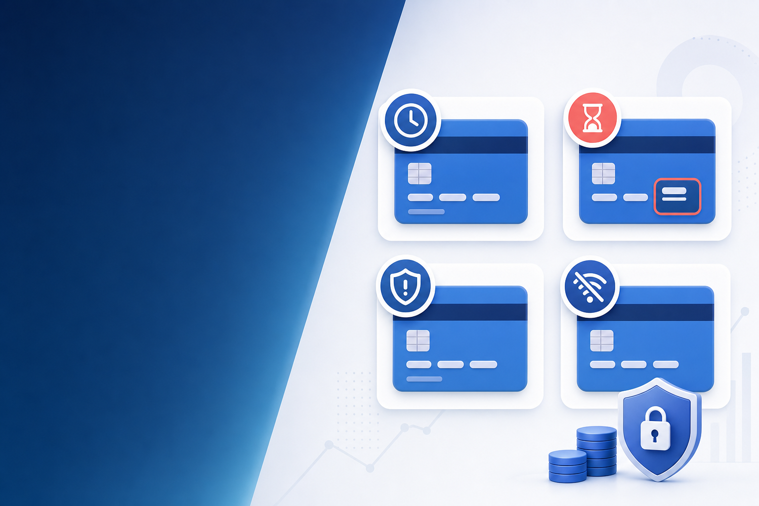 A modern, professional illustration showing payment failure patterns for subscription businesses. Visualize multiple payment cards with different status indicators: one card with a clock symbol representing insufficient funds timing issues, another with an expiration date highlighted showing expired cards, a third with a shield icon representing fraud flags, and a fourth with a network error symbol. Use a clean, minimalist design with a professional blue and white color scheme. The cards should be arranged in a grid or flowing pattern to show these are common recurring payment failure types. No text or letters should appear in the image.