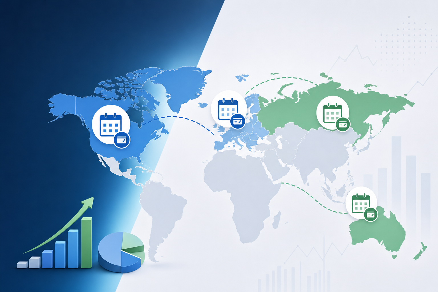 A clean, modern illustration of a world map showing different payday cycles across regions. The map should highlight North America, Europe, Russia, and Australia with subtle visual indicators like calendar icons or paycheck symbols representing different pay frequencies. Use a professional business color palette with blues and greens. The style should be minimalist and data-visualization focused, suitable for a financial technology article. No text or letters should appear in the image.