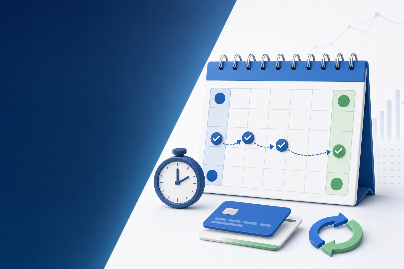 A clean, professional illustration showing a calendar or timeline with strategic timing markers, representing payment retry scheduling over a 14-day window. Visual elements include clock icons, calendar grid with highlighted days (1st, 15th), and flowing arrows showing spaced intervals between retry attempts. Modern fintech aesthetic with blue, gray, and green tones. Minimalist business style. No text or letters.
