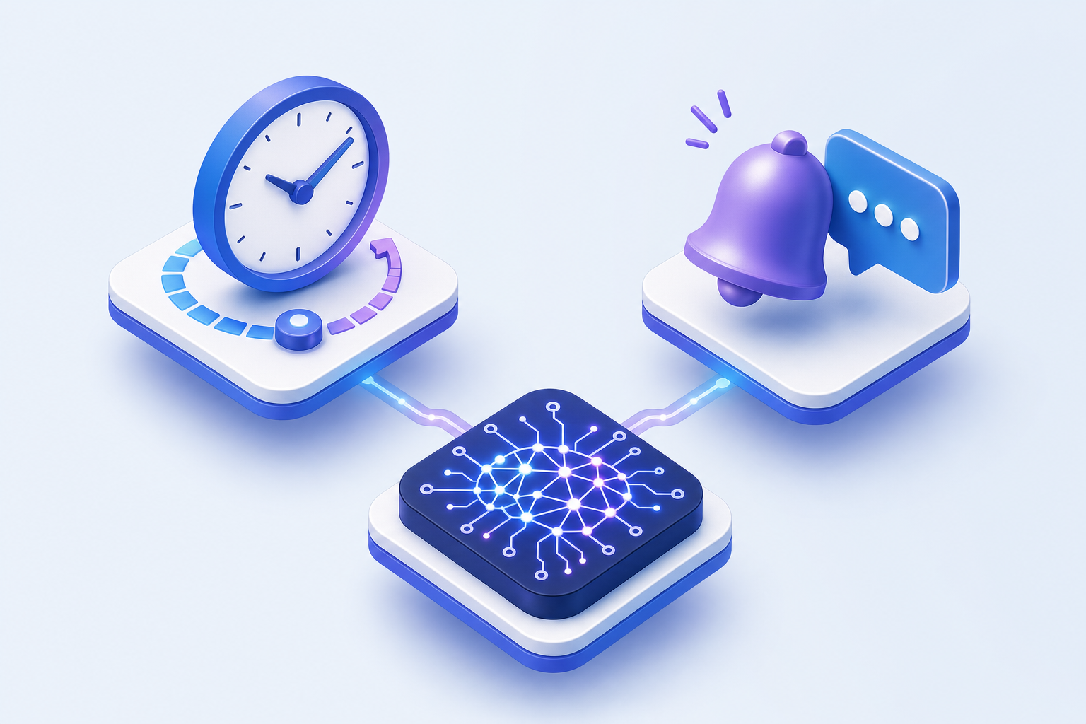 A clean, modern 3D illustration showing automated payment recovery workflow for subscription billing. Depict three interconnected floating elements: a digital clock or timer representing intelligent retry scheduling, a notification bell or message icon representing customer communication, and a circuit board or neural network pattern representing AI decision-making. Use a professional color palette with blues, purples, and whites. Isometric perspective, minimal background, tech-focused aesthetic with smooth gradients and soft shadows.