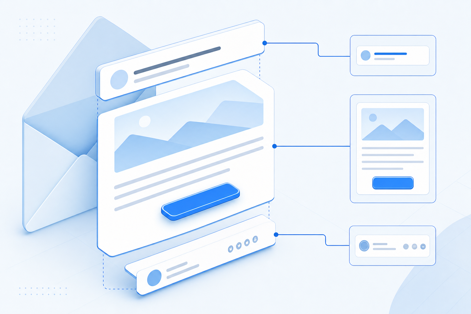 A clean, professional illustration showing the anatomy of an email structure with labeled components: subject line at the top, message body in the center with highlighted call-to-action button, and sender branding at the bottom. Modern, minimalist design with soft blue and white color scheme, isometric perspective, showing email layout as a deconstructed diagram with connecting lines pointing to each key element. Business-focused, technical illustration style.