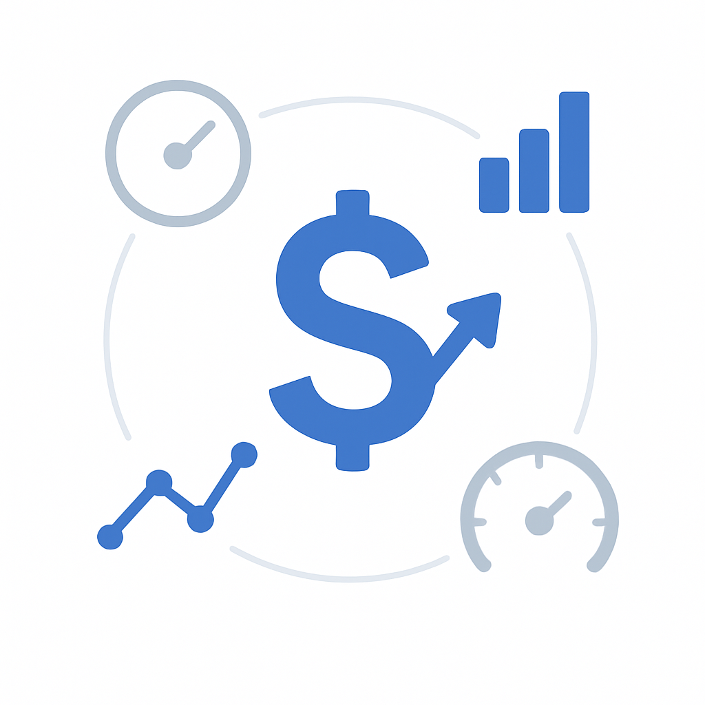 Abstract dashboard of gauges and charts representing payment recovery performance metrics