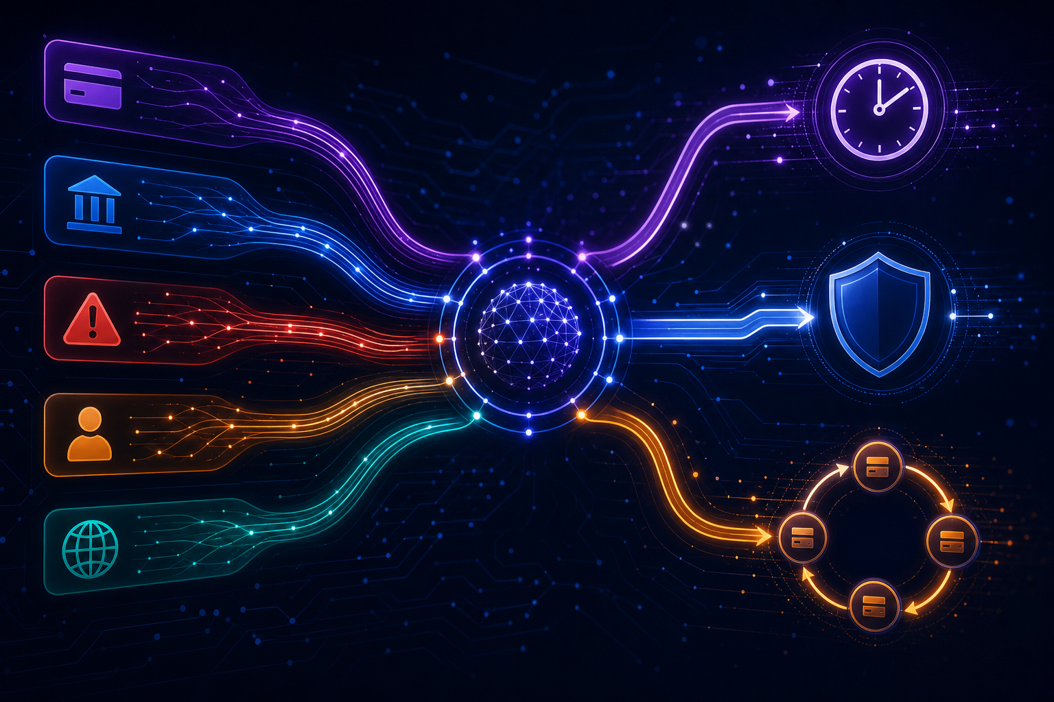 A sophisticated digital illustration depicting a payment decline code intelligence system. Multiple colored streams representing different types of payment decline signals flow into a central decision hub. From the hub, separate paths branch outward — one leading to a clock symbol representing timed retries, another to a shield representing hard stops, and another to an arrow looping through multiple gateway nodes. The visual uses deep navy blues, electric purples, and amber-orange accents on a dark background. Abstract circuit-board textures and glowing data nodes fill the background. Clean, professional fintech aesthetic with no text, letters, or numbers.