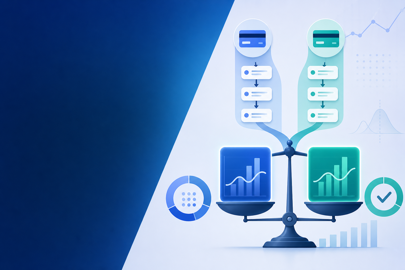 A clean flat-style illustration of a split A/B test experiment for payment recovery: two parallel lanes labeled A and B with credit card icons flowing through each lane, connected to a balance scale weighing two glowing data charts against each other, surrounded by abstract graph curves and percentage circles indicating statistical significance — blue and teal color palette, modern minimal design, no text or labels