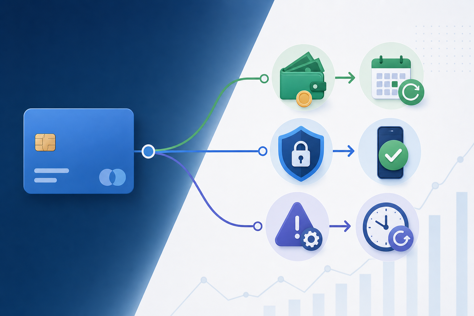 A clean, professional diagram showing different payment decline pathways branching from a credit card. Visual flow showing insufficient funds leading to a calendar/payday cycle, authentication failures leading to a security shield with verification checkmark, and temporary system errors leading to a clock with retry symbol. Modern fintech aesthetic with blues and greens, minimal flat design, no text or words