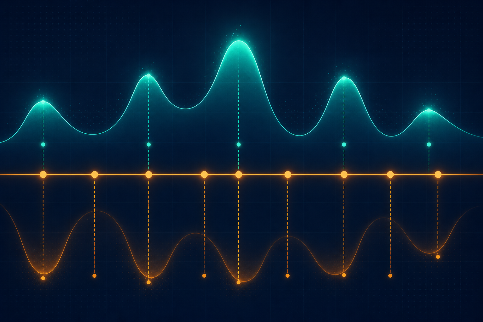 Abstract digital visualization of a timeline or calendar grid with rigid fixed intervals marked at regular intervals, contrasted against flowing organic curves representing optimal payment recovery windows that peak and dip at unpredictable moments. The fixed schedule lines miss the organic peaks. Dark background with deep blue and indigo tones, glowing amber and teal accent colors for the timeline elements. The organic curves glow softly where they peak, suggesting missed opportunities where the rigid lines fall short. Clean, modern, tech-forward aesthetic with subtle data grid texture. No text, no letters, no numbers, no labels.