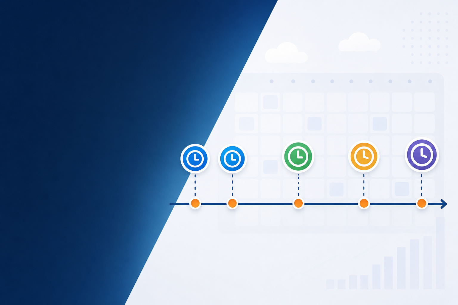 A clean professional diagram showing a timeline with multiple retry attempt markers spaced at different intervals along a horizontal axis, representing varying wait periods between payment retry attempts. Different colored clock icons above each interval indicate different waiting durations — some short gaps, some longer gaps. A subtle calendar grid in the background suggests days passing. The overall aesthetic is minimal, flat design, blue and white color palette with orange accent markers, no text or labels, abstract and conceptual.
