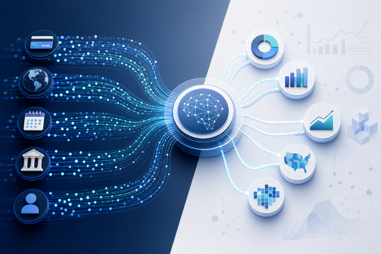 A sophisticated data visualization dashboard showing multiple interconnected data streams and variables being analyzed simultaneously. Display flowing data points, circular nodes representing different categories like card types, geographic regions, time patterns, and banking information. Use a clean, modern aesthetic with blues, teals, and whites. Show connections between data points with subtle lines suggesting AI analysis and pattern recognition. Abstract representation of machine learning processing multiple signals at once. Professional, financial-tech style with depth and dimensionality. No text, numbers, or labels.