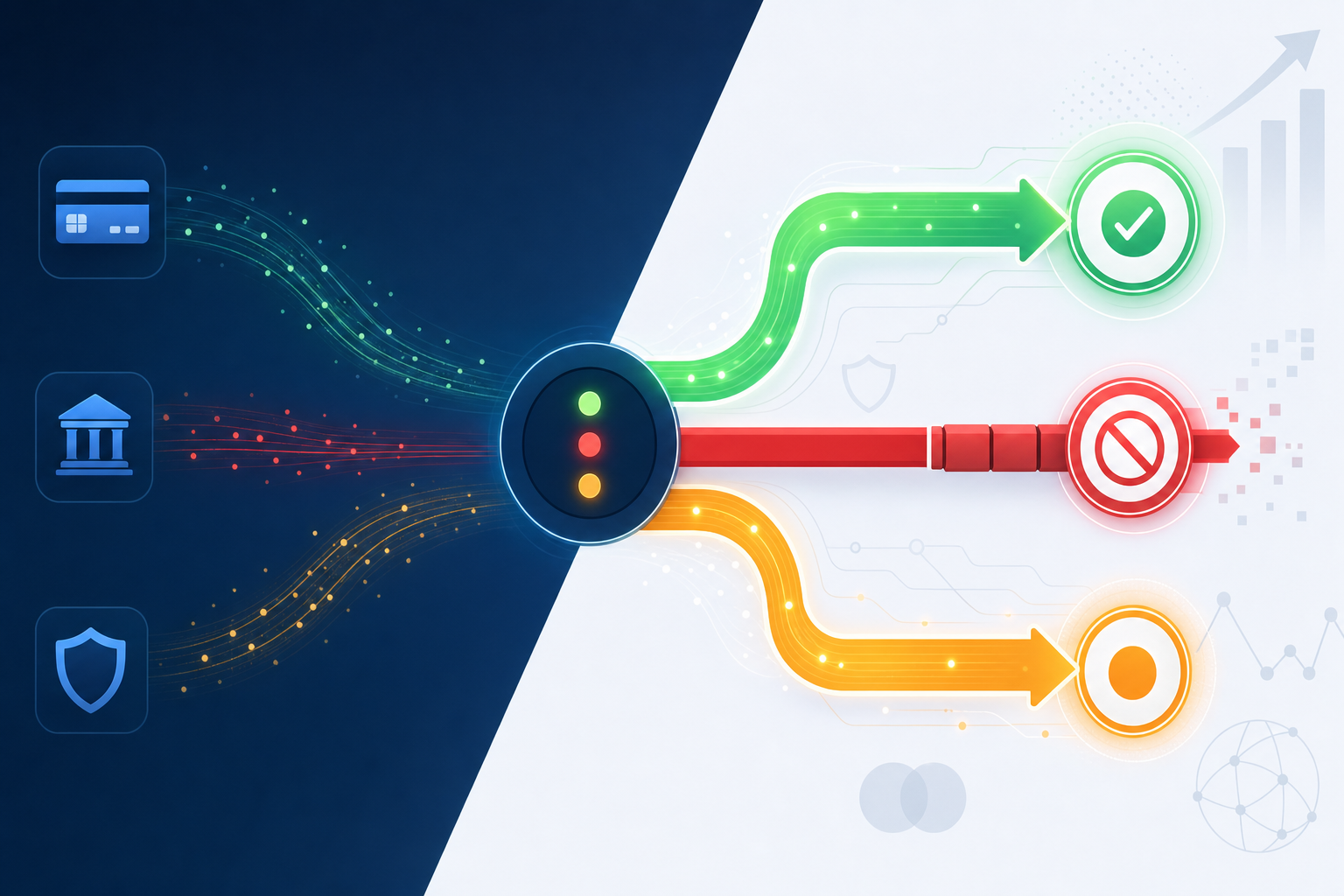 A clean, professional diagram showing three distinct categories of payment decline signals flowing into separate pathways: one glowing green path labeled with a checkmark for temporary recoverable declines, one solid red blocked path for permanent hard stops, and one amber middle path for uncertain ambiguous cases. Abstract financial data streams and card network symbols in the background. Modern flat design with subtle gradients, no text or labels anywhere in the image.