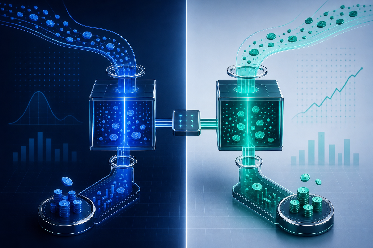 A conceptual illustration of scientific A/B split testing in a financial context. Two symmetrical streams of abstract data flowing into separate controlled experiment chambers, represented as clean geometric containers with glowing dividing lines. One side shows a control group and the other a treatment group, visualized as distinct color-coded channels — deep navy blue and electric teal — with abstract coin and revenue symbols flowing through each path. Statistical precision and clinical rigor conveyed through precise grid lines and balanced symmetry. Modern, abstract, financial data science aesthetic. No text, no words, no letters, no numbers.