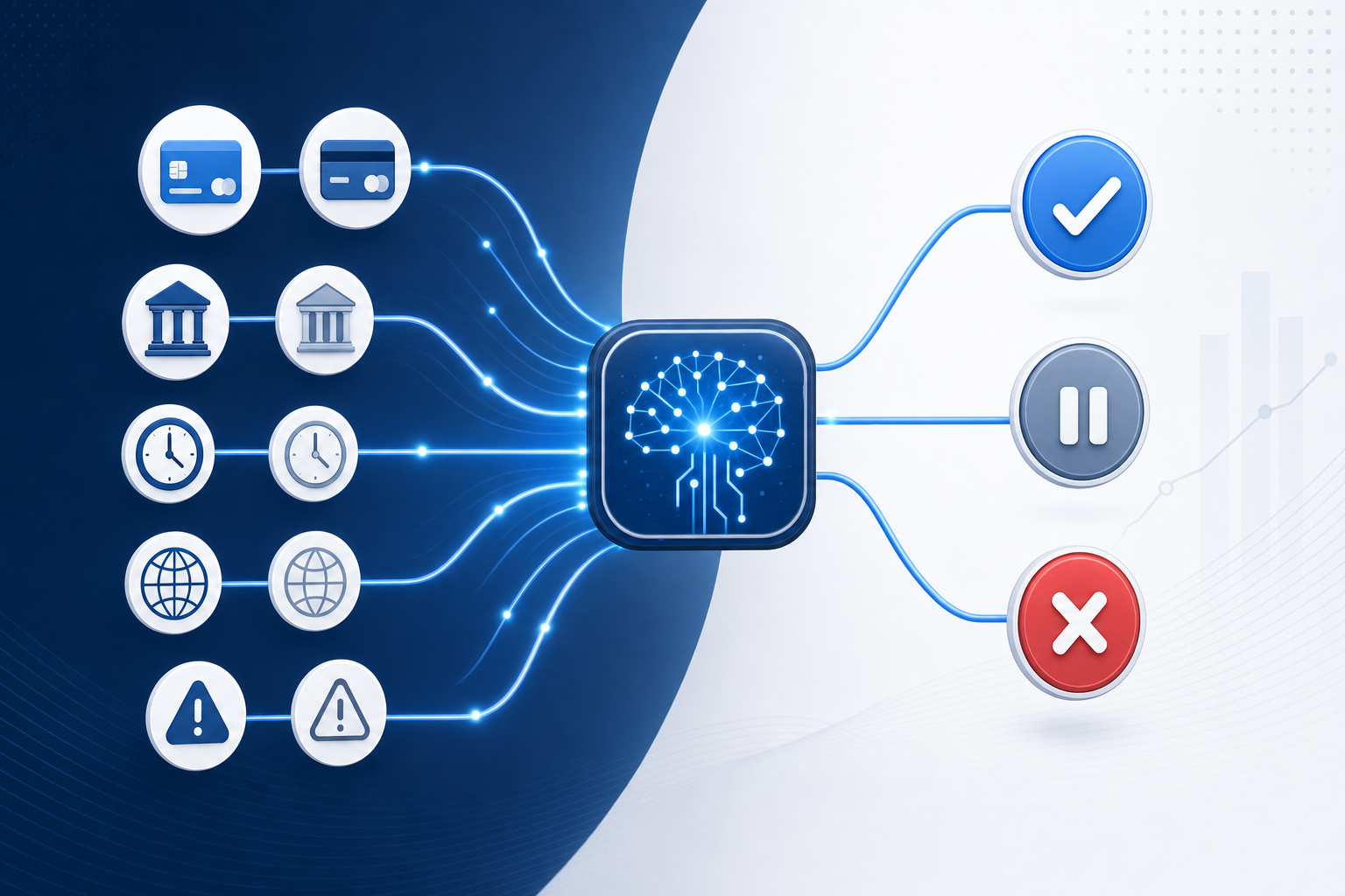 A modern, clean diagram showing an AI decision engine for payment processing. Visualize a central AI node with multiple data streams flowing into it from different directions: card icons representing card types, bank building icons for issuers, clock symbols for timing, globe for geography, and warning symbols for decline codes. The streams converge into the central AI processor, which then outputs to three paths labeled with checkmarks, pause symbols, and stop symbols representing retry decisions. Use a professional blue and white color scheme with subtle gradients. Technical but accessible style, no text or labels.