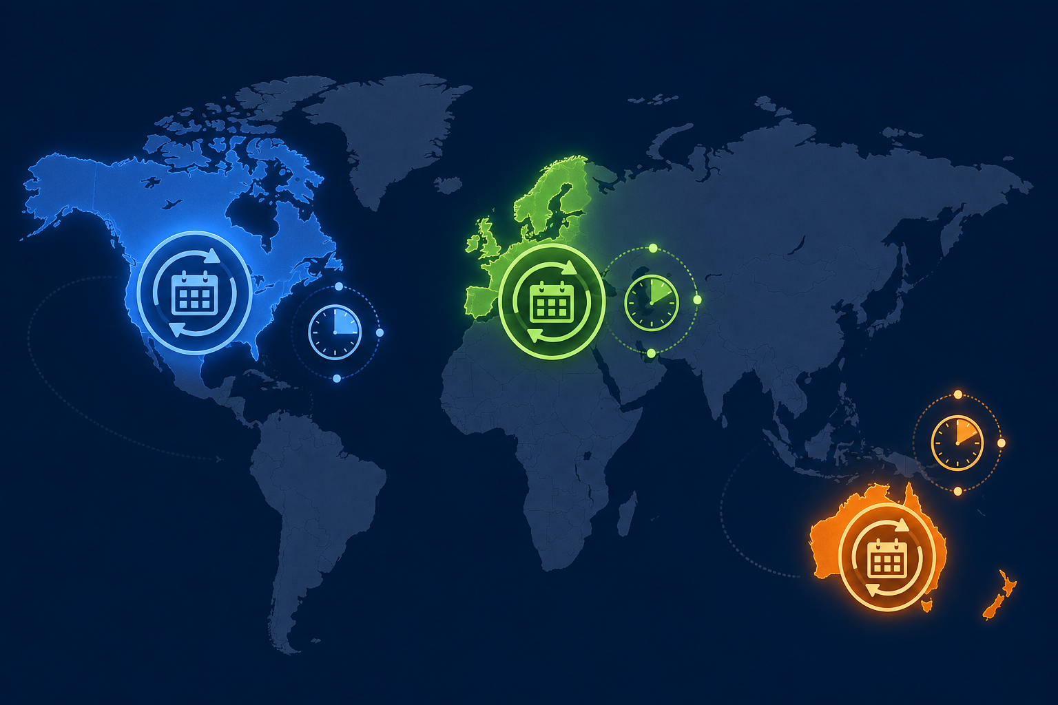 A clean, modern world map visualization showing regional payroll timing patterns. Three geographic regions are highlighted with distinct glowing colors: North America in blue with a biweekly calendar cycle symbol, Western Europe in green with a monthly cycle symbol, and Australia in orange with a weekly cycle symbol. Small clock icons and circular arrows near each region suggest optimal retry timing windows. Dark navy background, flat design style, no text or labels anywhere, minimalist and professional.