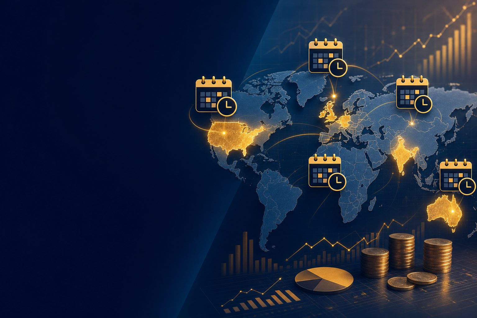 A world map with glowing highlights on India, United Kingdom, Germany, United States, and Australia, with stylized calendar icons and circular clock overlays near each country, representing different payment timing cycles and regional payday windows, warm financial data visualization aesthetic, dark blue and gold tones