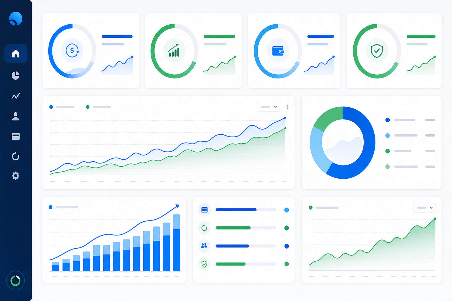 A clean, modern financial dashboard showing payment recovery metrics, featuring circular gauge charts, line graphs trending upward, and percentage indicators. The dashboard displays analytics for subscription revenue recovery with data visualizations in blue and green tones. Professional fintech interface with KPI cards showing recovery rates, revenue figures, and timeline metrics. No text, words, numbers, or letters visible.