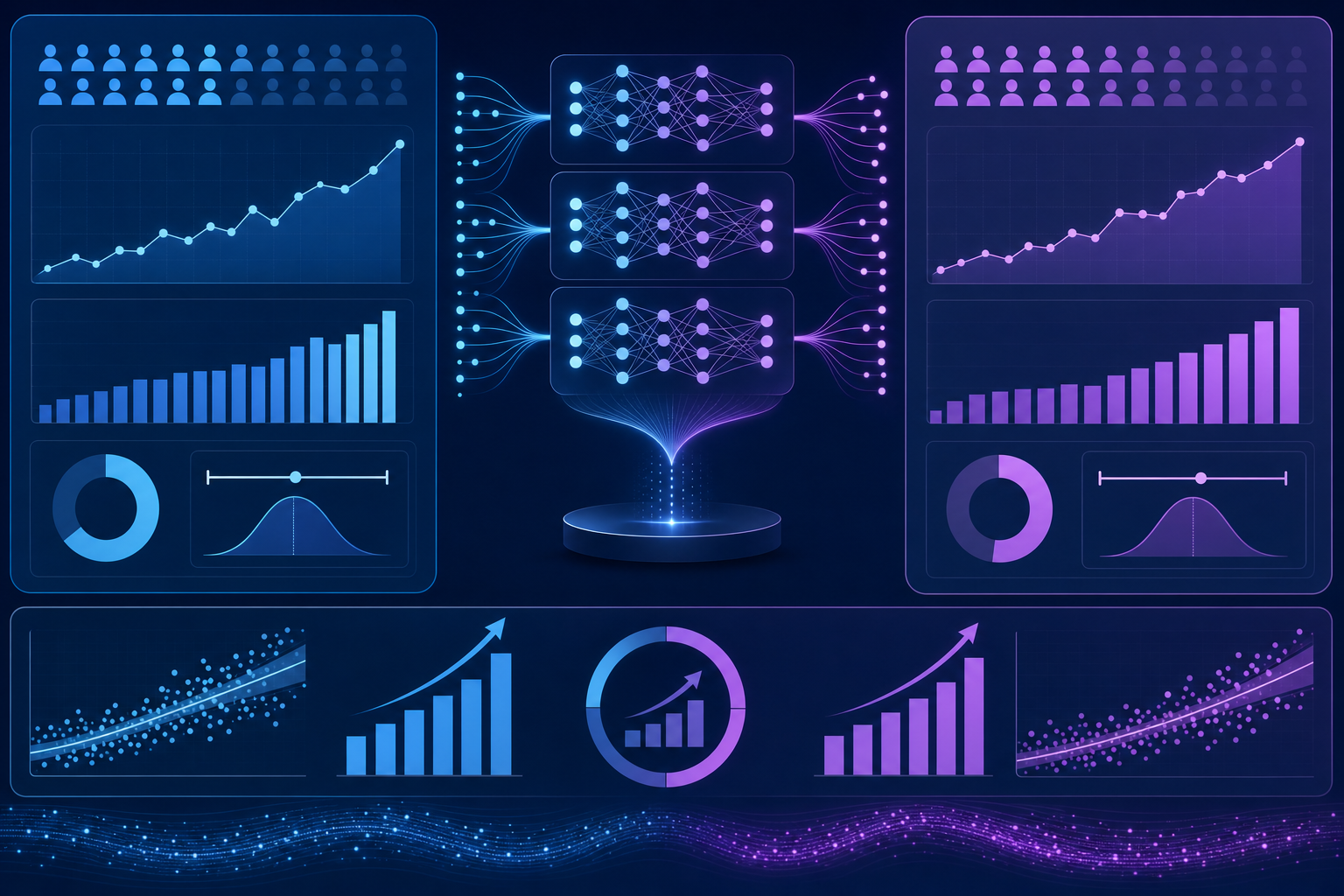 A modern, clean technical illustration showing statistical validation and machine learning models for payment recovery. Show a split-screen design with control group and test group data visualization, with upward trending graphs and success metrics. Include abstract representations of ensemble ML models as interconnected neural network nodes processing payment data. Use a professional blue and purple color scheme with data visualization elements like line graphs, bar charts showing recovery rate improvements, and statistical confidence indicators. Clean, minimalist design with geometric shapes and flowing data connections.