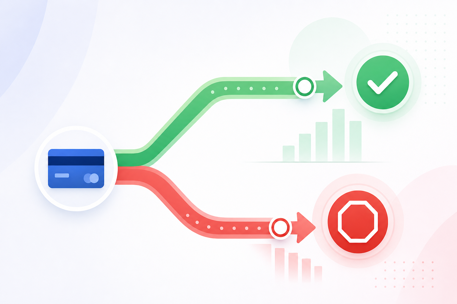 A split-path visual diagram showing two distinct routes diverging from a single credit card icon. One path leads to a green checkmark representing successful retry and recovered revenue, the other path leads to a red stop symbol representing a permanent decline. The paths are color-coded: soft warm green tones for the recoverable route and cool red tones for the blocked route. Clean flat design with abstract geometric shapes, no text or labels, minimal and professional financial aesthetic.