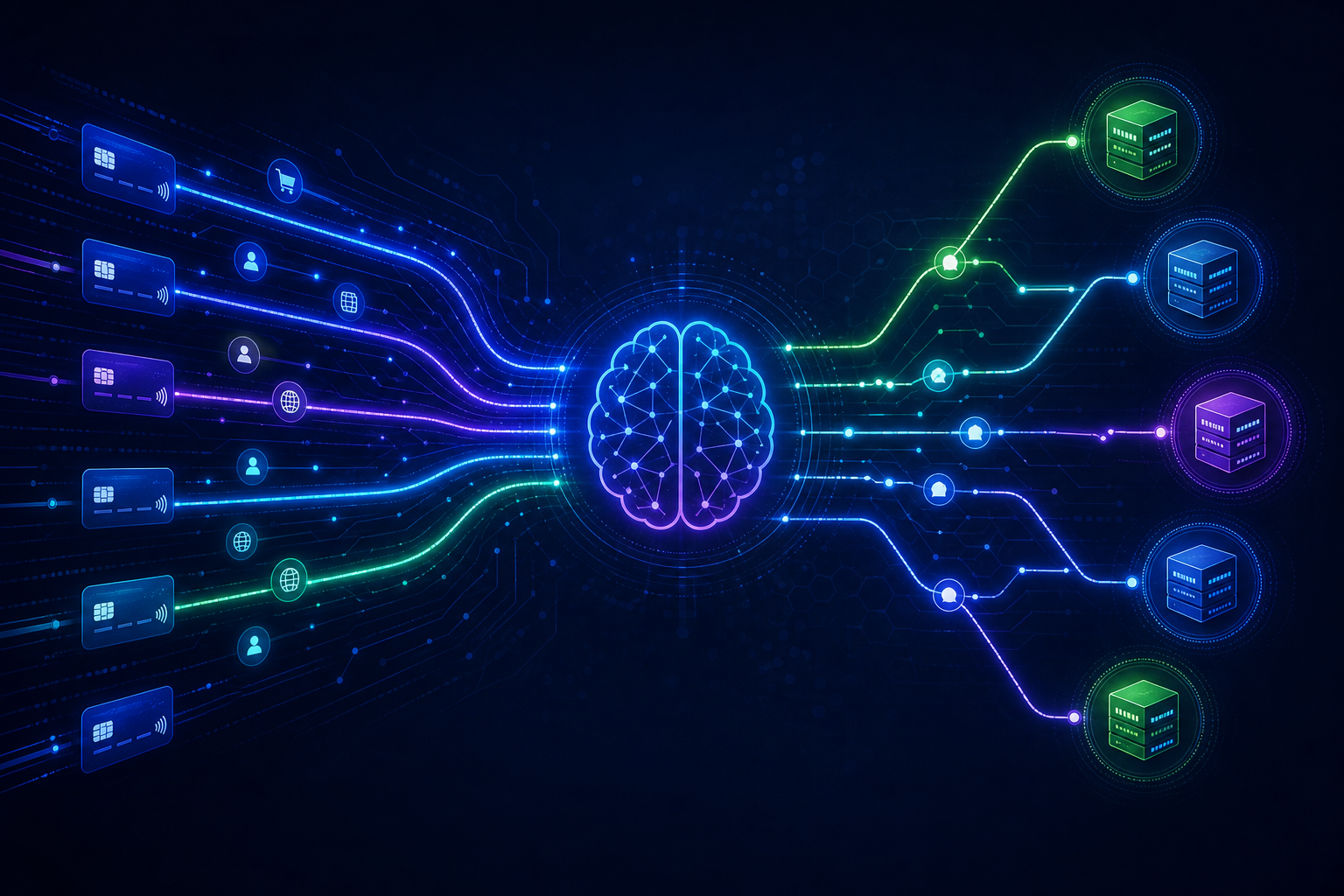 A sleek, modern digital illustration showing an intelligent payment routing system. Multiple glowing payment transaction streams flow into a central AI brain or neural network hub, which analyzes and intelligently routes each stream to different payment processors represented as glowing nodes. The visual uses deep blues, purples, and electric greens on a dark background. Abstract data pathways and decision branches radiate outward, symbolizing smart retry logic and multi-gateway routing optimization. Clean, professional, futuristic fintech aesthetic with no text or labels.
