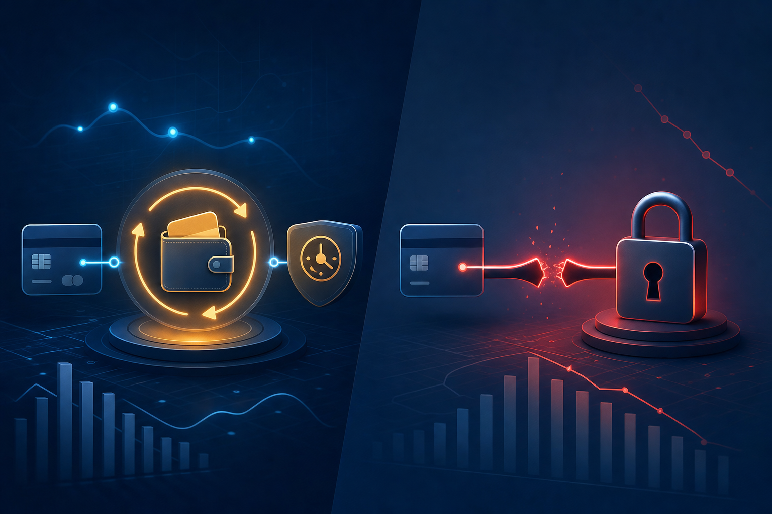 A split-screen illustration showing two distinct payment flow paths: on the left, a soft decline represented by a glowing amber warning signal with circular retry arrows and a digital wallet icon, indicating a temporary hold; on the right, a hard termination represented by a bold red severed connection line and a locked padlock symbol, indicating a cancelled billing agreement. Dark blue financial technology aesthetic with clean geometric shapes and subtle circuit-board textures. No text, no letters, no numbers.