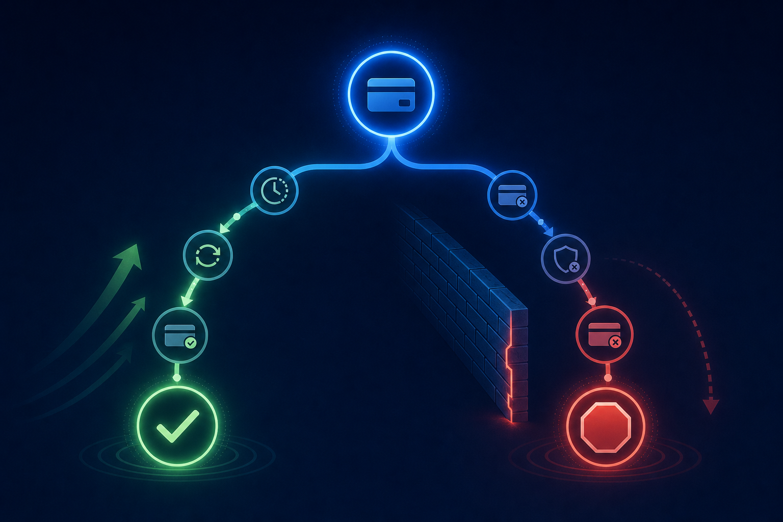 An abstract flowchart-style diagram showing two diverging paths from a single central node. The left path leads to a calm, smooth resolution represented by a green glowing checkmark or circle. The right path leads to a blocked endpoint represented by a red stop symbol. The branching paths have subtle icons suggesting different card or payment states — one path has soft gradient arrows implying retries and timing, the other has a hard barrier wall. Dark navy background with electric blue and green accent colors. Minimalist flat design, no text, no letters, no numbers, purely visual.