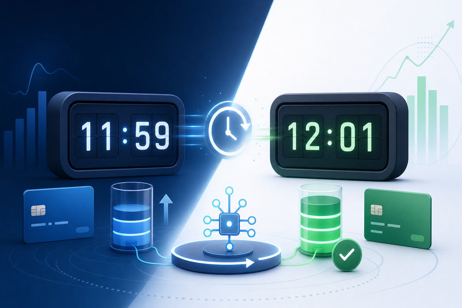 A clean, modern illustration showing a digital clock display transitioning from 11:59pm to 12:01am, with visual elements representing credit card limits resetting and funds becoming available. Include abstract representations of payment authorization systems activating, showing the concept of balance refresh cycles. Use a professional fintech color palette with blues, greens, and subtle gradients. The style should be minimalist and technical, suitable for a financial technology article about payment processing timing. No text, words, letters, or numbers should appear in the image.