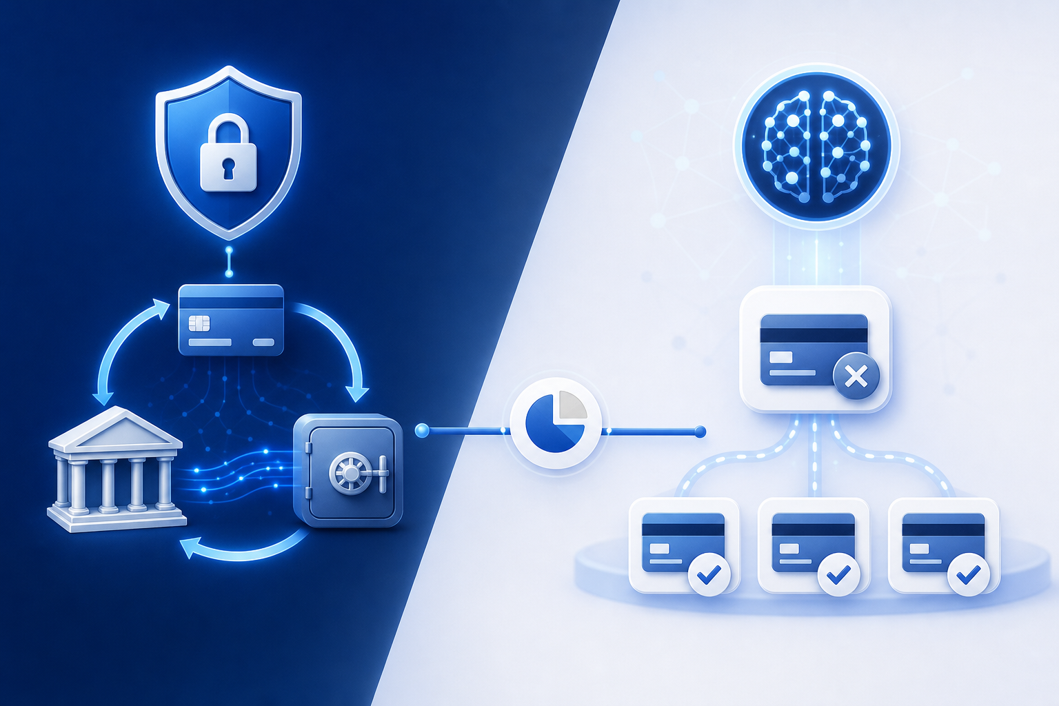 A clean technical diagram showing two layers of subscription payment protection. On the left, a shield icon representing prevention — with card credential refresh arrows flowing automatically between a bank and a merchant vault, symbolizing Account Updater and network tokenization. On the right, a second layer showing an AI retry engine intercepting failed transactions. The two layers are connected by a horizontal flow with a small percentage of transactions passing through. Use a professional blue and white color scheme with soft gradients and subtle neural network nodes. No text, no labels, no letters, no words anywhere in the image.