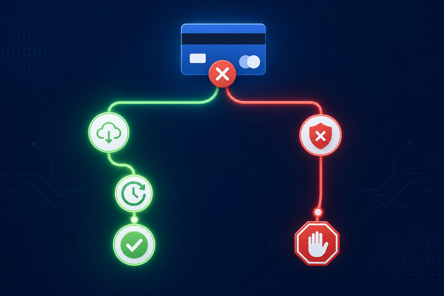 A clean, modern split-path diagram showing two distinct routes for failed credit card payments. On the left side, a glowing green path labeled with a soft, temporary decline symbol leads to a retry clock icon and a successful payment checkmark. On the right side, a red path labeled with a hard block symbol leads to a stop sign. Both paths originate from a single declined credit card icon at the top center. Dark navy blue background with crisp white and colored UI elements, flat design style, no text or words anywhere.