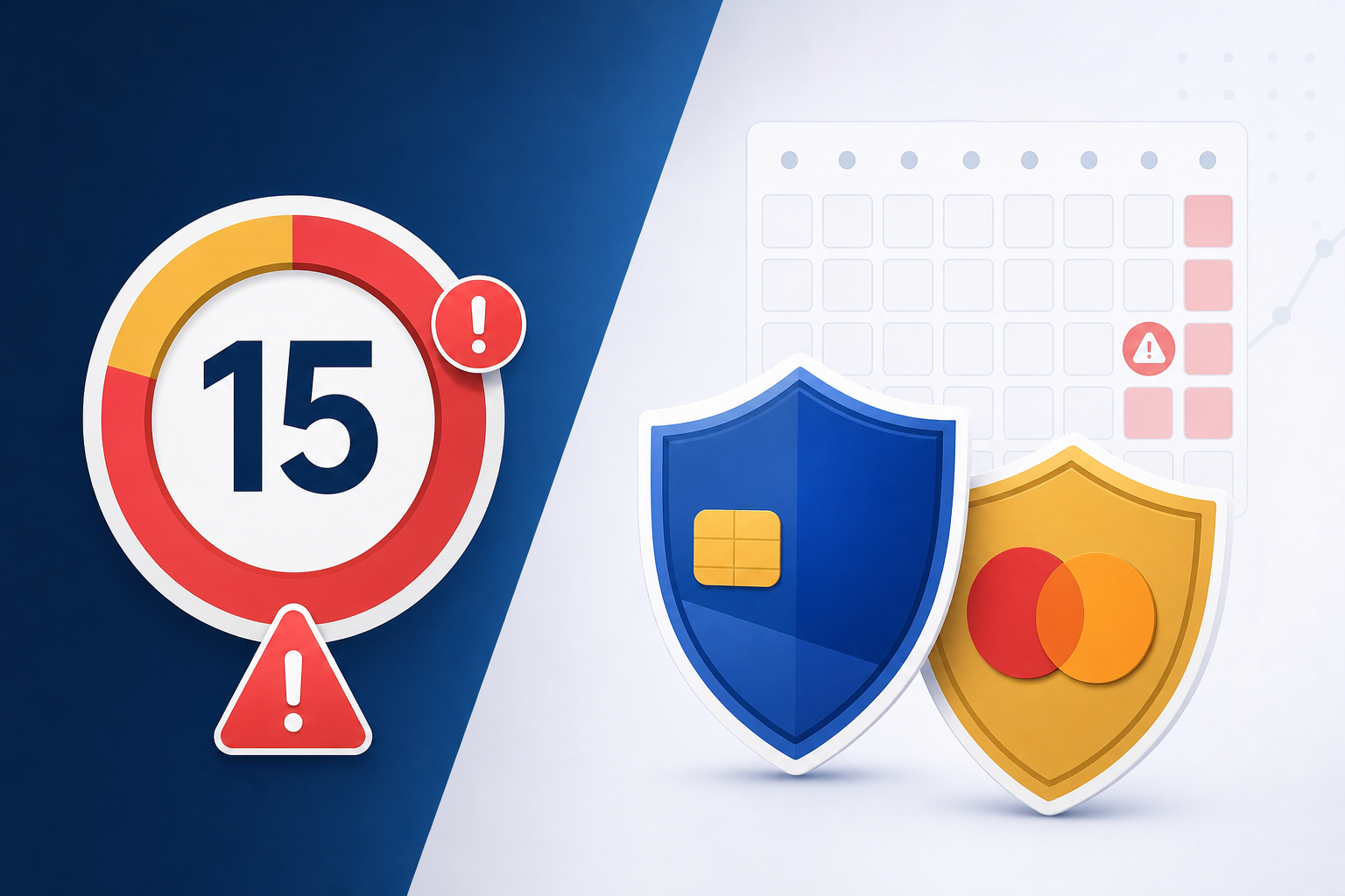 A clean flat-design illustration showing two abstract shield icons representing Visa and Mastercard card networks, with a bold numeric counter showing the number 15 inside a circular gauge or progress ring, and red warning indicators appearing when the gauge exceeds the limit. The background features a soft grid of calendar squares suggesting a 30-day window. Muted blue, red, and gold color palette. No text, no words, no letters, no labels.