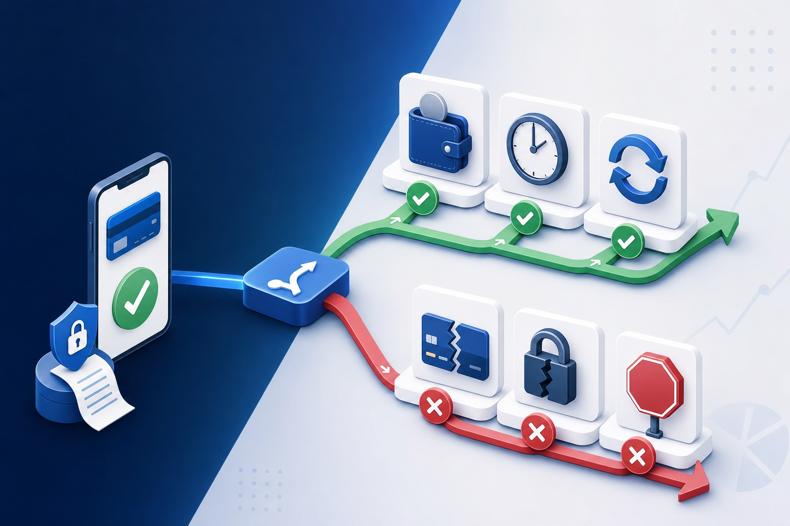 A clean, professional diagram showing payment transaction flow splitting into two paths: one path labeled with green checkmarks representing soft declines that can be retried (showing icons like a wallet with low funds, a clock for timing issues, and a refresh symbol), and another path with red X marks representing hard declines that cannot be retried (showing icons like a broken credit card, a closed lock, and a stop sign). Modern fintech illustration style with blue and gray color scheme, isometric perspective, no text or letters.