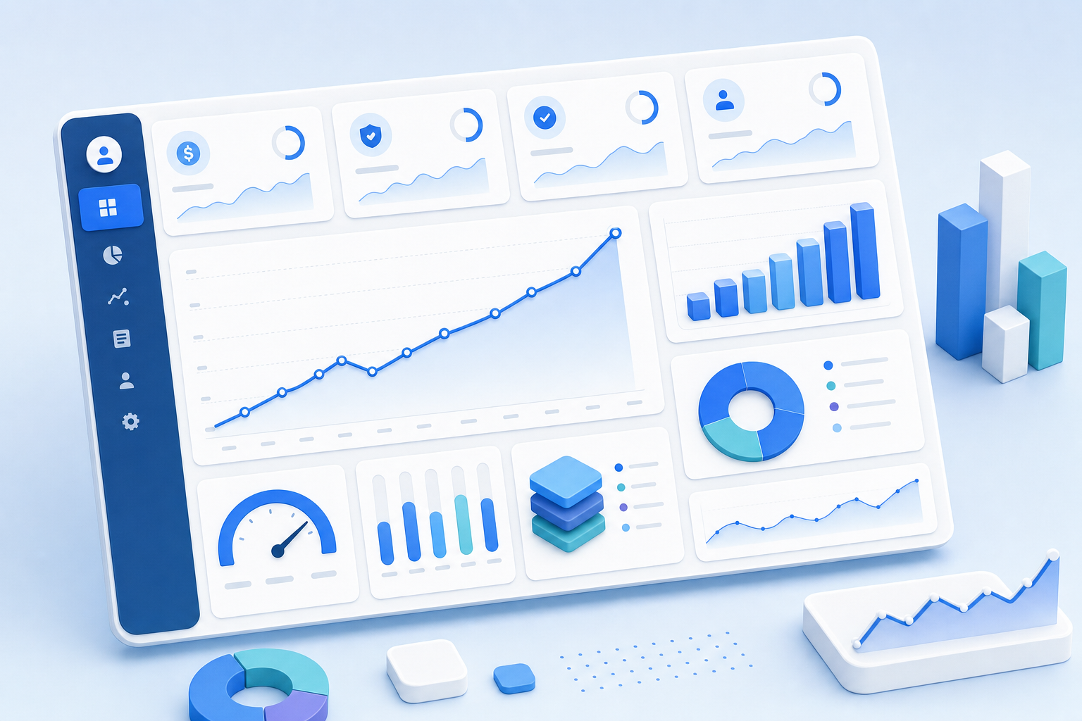 A clean, modern dashboard display showing payment recovery metrics and analytics. Features graphs with upward trending lines, percentage indicators, and data visualization elements like bar charts and performance metrics. Professional business intelligence aesthetic with blue and white color scheme, showing financial KPI cards with numerical data points. Isometric perspective, minimalist style, focused on data visualization and measurement without any text or labels.