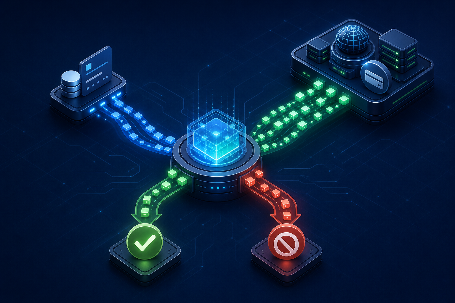 A clean isometric diagram showing two separate data streams flowing into a central retry decision engine. On the left, a simplified billing platform node sends basic invoice data. On the right, a network layer node sends detailed signal packets representing issuer codes and card-type identifiers. The central engine glows with processing activity, sorting the streams into two output paths: one labeled with a green checkmark routing to a successful retry, and one with a red stop symbol routing away. The background is deep navy blue with subtle circuit-board grid lines. The billing platform node appears limited and smaller, while the network node is larger and more detailed. No text, no words, no letters anywhere in the image. Cinematic lighting, clean geometric shapes, professional infographic style.