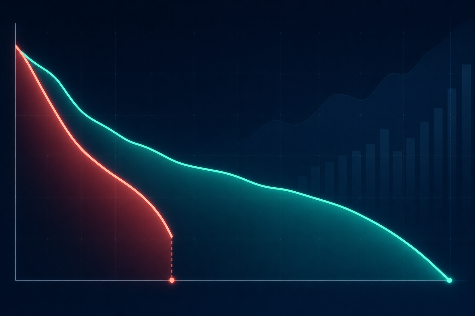 A clean, modern data visualization concept showing two diverging revenue curves on a dark background — one curve cut short at an early point representing involuntary churn ending a subscription, and another longer curve extending far to the right representing retained lifetime value. The curves are rendered in contrasting colors like teal and coral, with a smooth gradient fill beneath each line. Abstract grid lines in the background suggest a financial dashboard. No text, no labels, no numbers, no letters anywhere in the image.