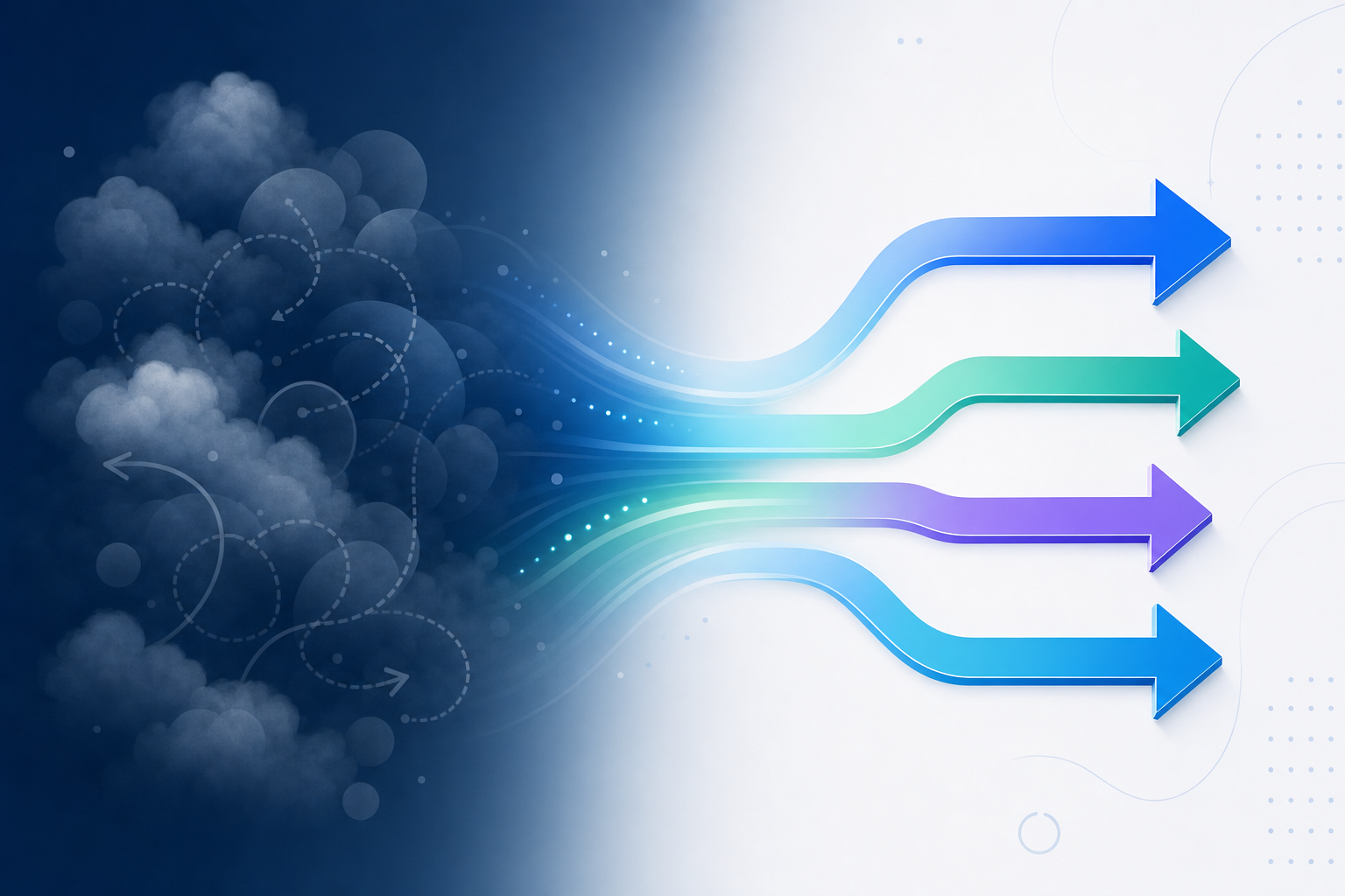 A clean, modern conceptual illustration showing the transformation from unclear to clear payment signals. On the left side, show abstract cloudy or foggy shapes representing confusion and uncertainty. On the right side, show clear, distinct directional arrows or pathways in different colors representing specific actionable instructions. Use a gradient flow connecting the two sides, suggesting transformation from ambiguity to clarity. Professional financial technology aesthetic with blues, greens, and purples. Minimal, geometric style without any text or labels.