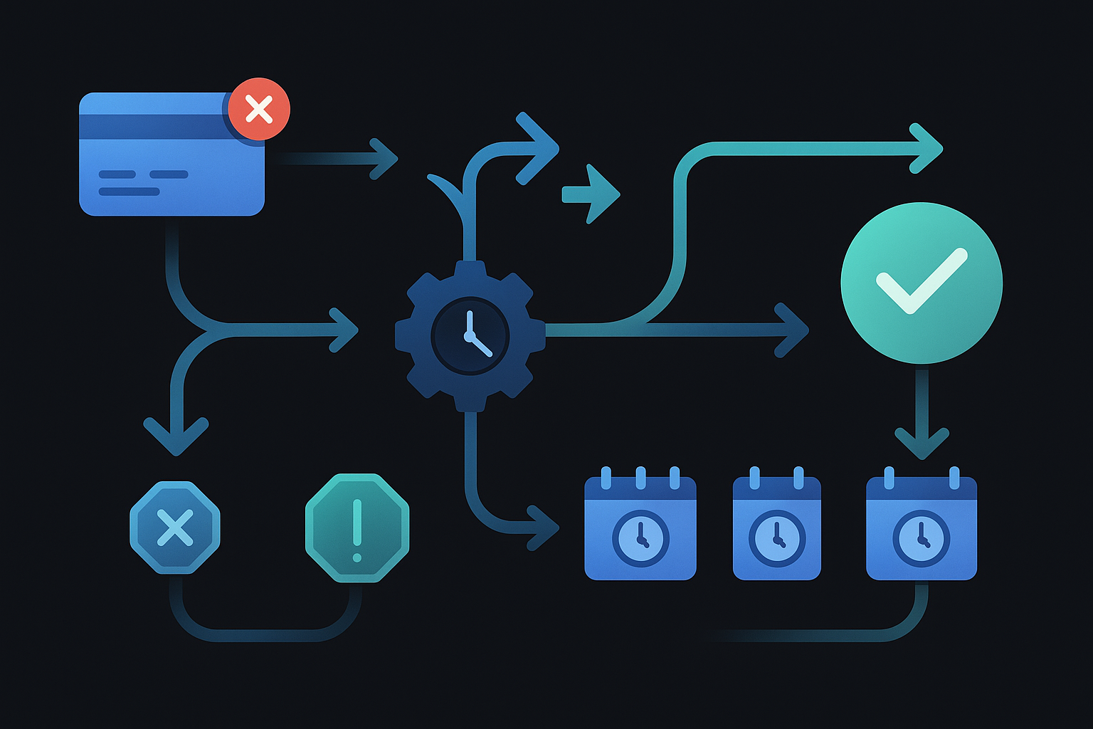 Layered diagram of decline classification, decision engine, personalised retry timing and feedback loop