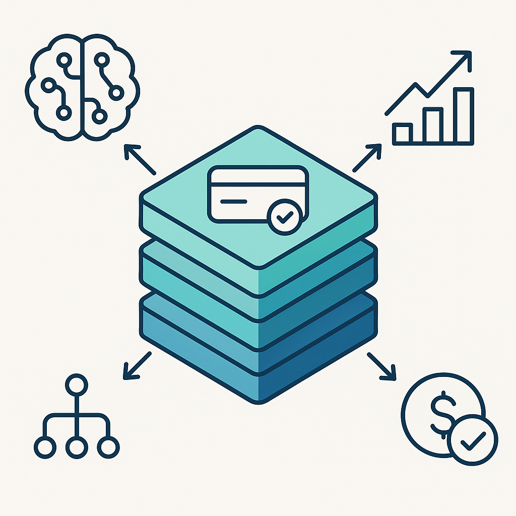 Abstract illustration showing five key capabilities orbiting a payment recovery platform