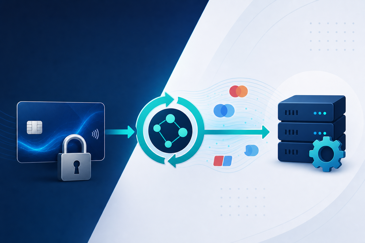 A clean, modern diagram showing the network tokenization process for subscription payments. A physical credit card with a padlock icon connects via an arrow to a rotating circular token symbol, which then connects to a merchant billing system represented by a server icon. In the background, subtle card network logos as abstract shapes flow through the connection. The color palette uses deep navy blue, electric teal, and white. Flat design style with soft shadows, no text or labels anywhere in the image.