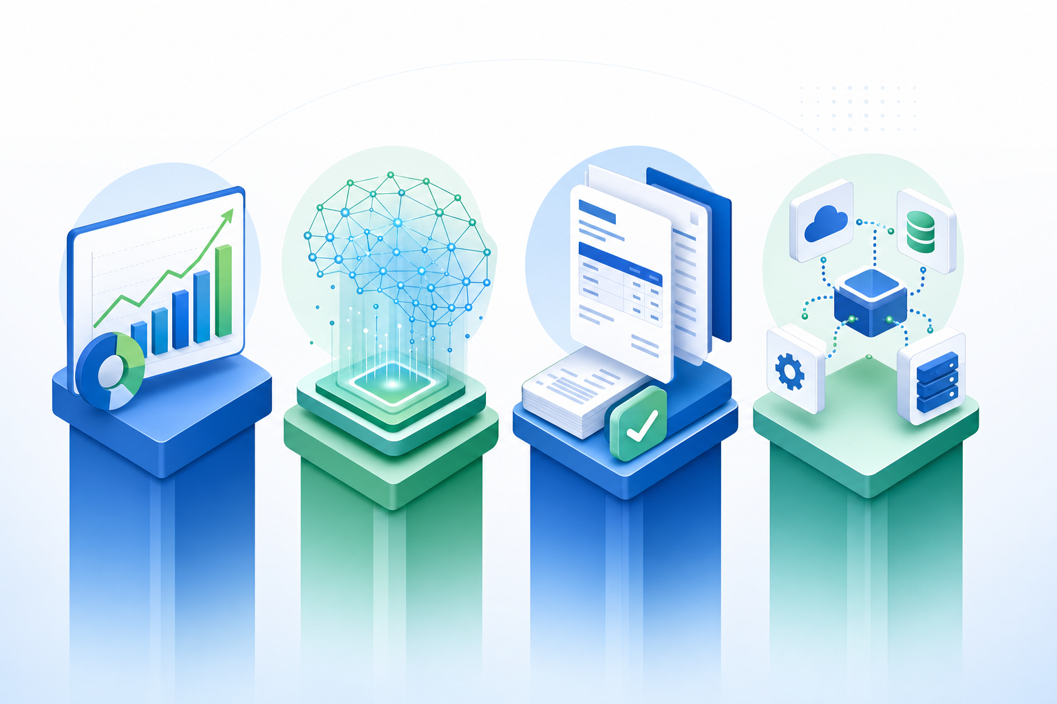 A professional business illustration showing evaluation criteria for software tools: four distinct pillars or metrics represented visually - performance graphs showing recovery rates trending upward, AI/machine learning neural network patterns, B2B invoice and payment documents, and integration/connection symbols between systems. Clean, modern SaaS aesthetic with blues and greens, isometric or flat design style, no text or words