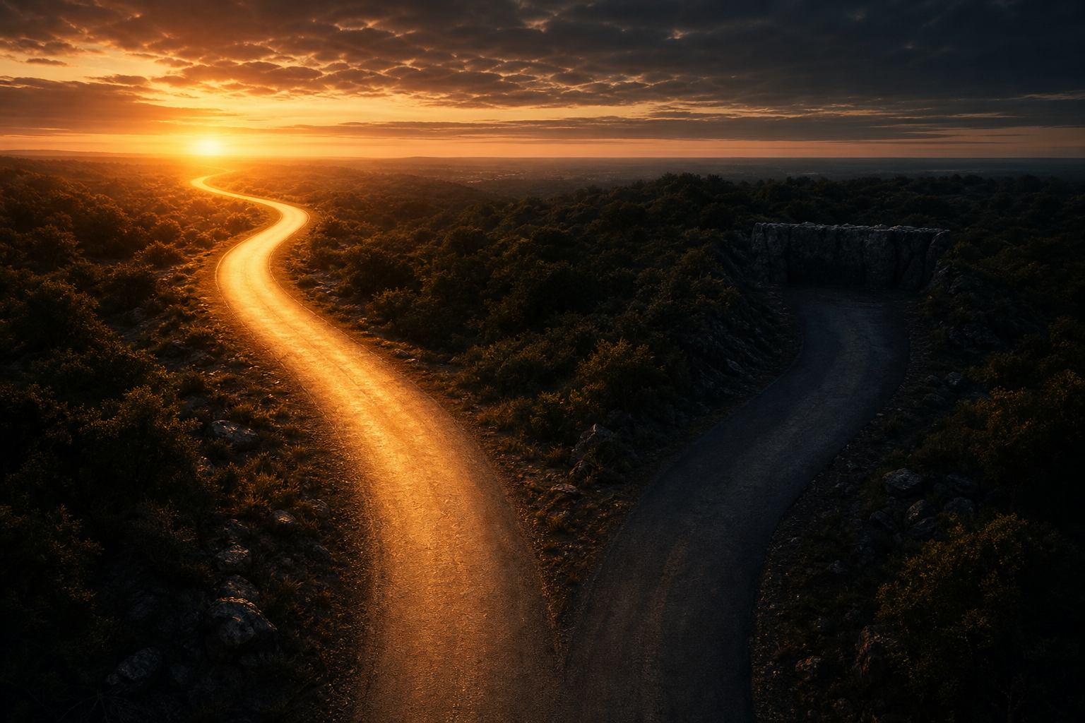 A dramatic split fork in a road at dusk, one path glowing with warm golden light symbolizing recovery and continuation, the other path fading into darkness and dead-ending abruptly, aerial perspective, cinematic lighting, no signs or markings, photorealistic style
