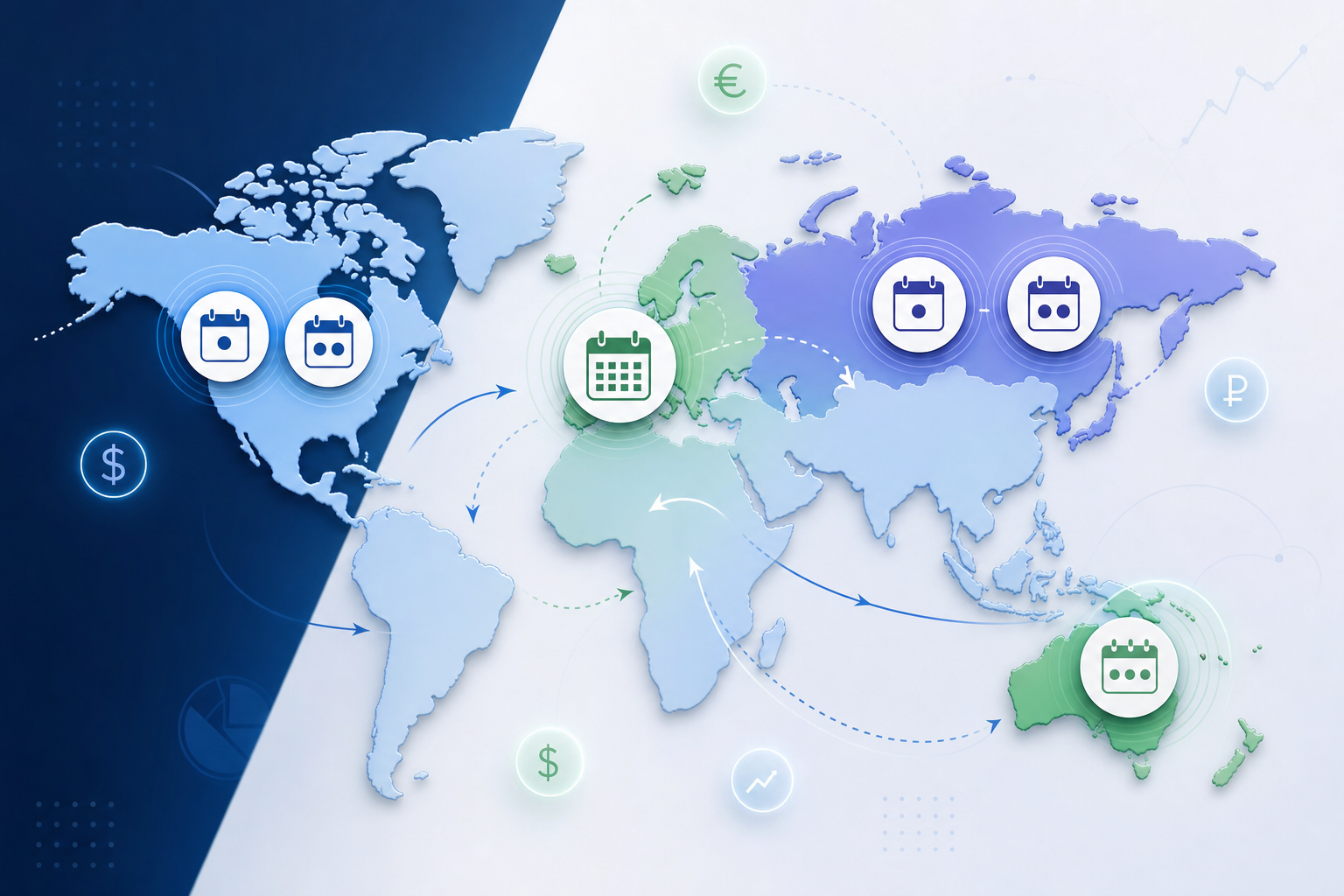 A clean world map visualization showing different payment timing patterns across regions. Show the United States with calendar markers on the 1st and 15th, Western Europe with end-of-month indicators, Russia and Eastern Europe with markers on the 5th and 20th, and Australia with weekly cycle indicators. Use a modern, professional fintech aesthetic with blue and green color coding for different regional patterns. Include subtle visual elements like calendar icons, currency symbols, and directional flow arrows to represent cash flow cycles. No text, words, or letters.