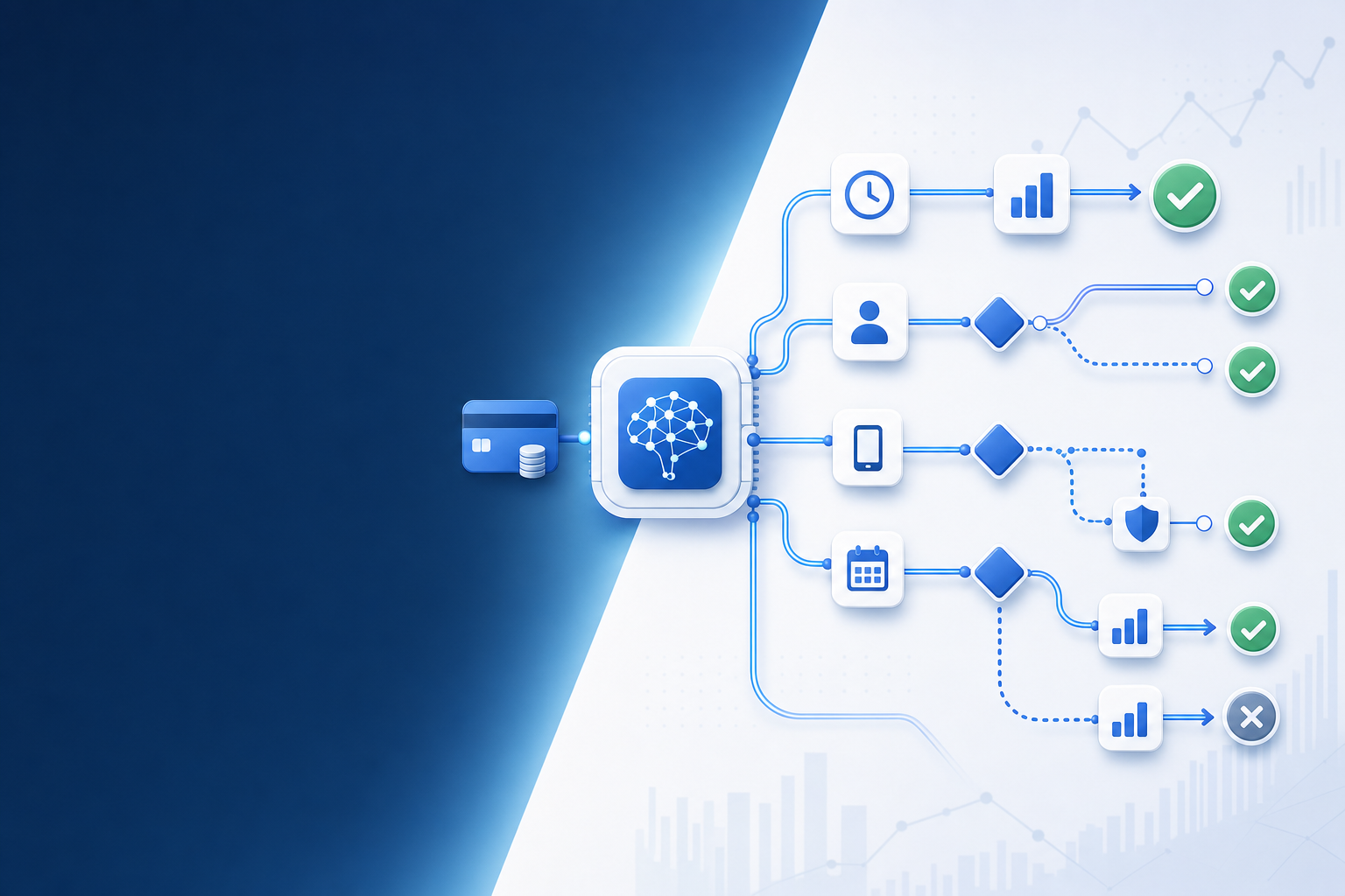 A clean, modern business illustration showing a sophisticated AI-powered payment processing system with multiple branching decision paths. Visualize a flowchart-style diagram with nodes representing payment attempts, timing decisions, and success outcomes. Use a professional blue and white color scheme with subtle gradient effects. Show intelligent routing paths that adapt based on different conditions, contrasting with simpler linear retry paths. Abstract, technical, data-driven aesthetic suitable for a SaaS finance audience.