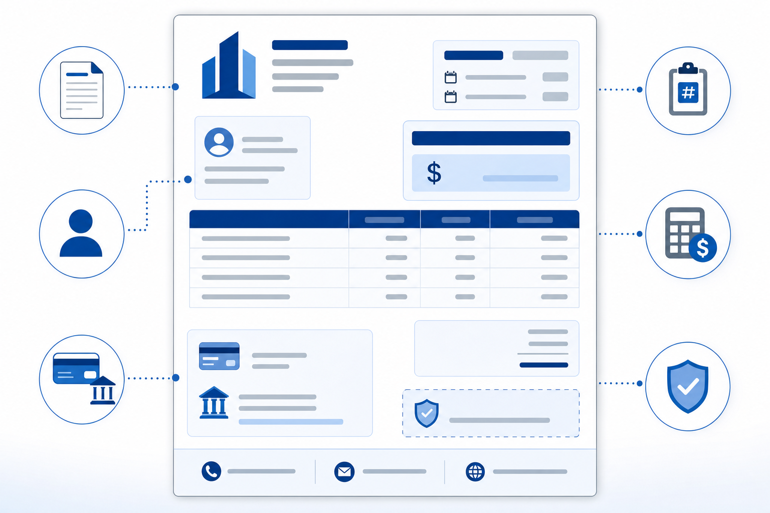 A clean, professional illustration showing the essential components of a business document or invoice. Visualize key elements like document header, invoice number field, date stamps, amount fields, payment instructions section, and contact information area arranged in a structured layout. Modern, minimalist business document design with blue and gray tones, professional iconography representing billing and payment elements. No text or letters visible.
