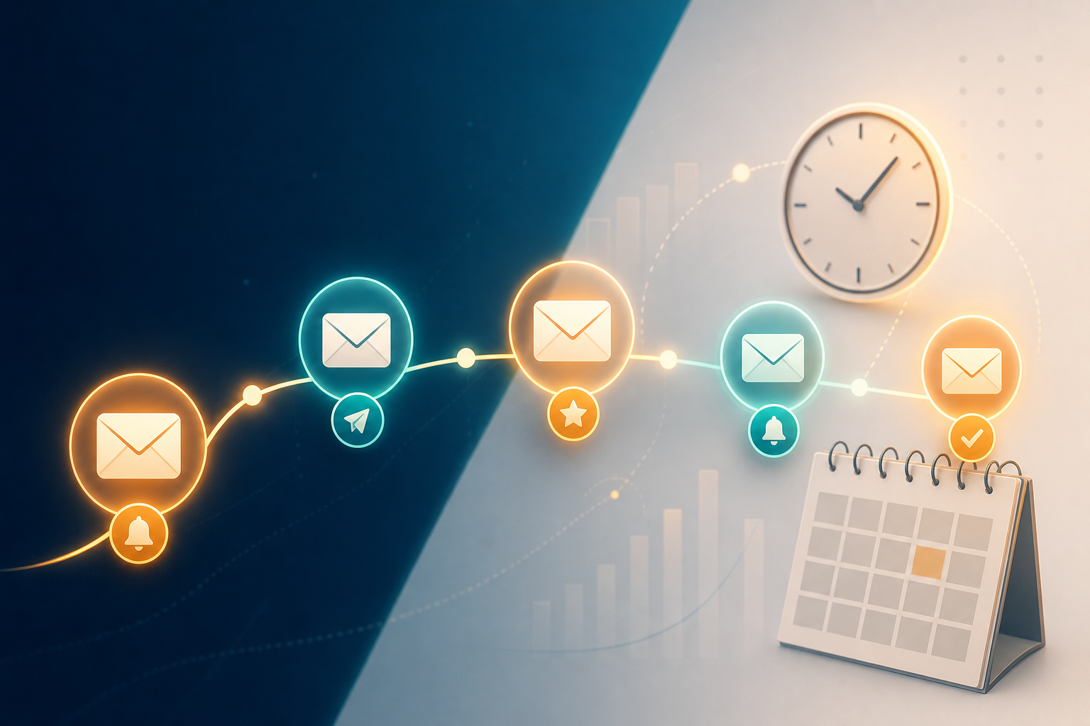 A visual timeline showing a sequence of communication touchpoints flowing from left to right, represented as glowing envelope icons and notification bubbles connected by a curved path, with a clock and calendar elements suggesting precise timing intervals, warm amber and teal color palette, clean modern flat illustration style, no people, no text, no letters, no words
