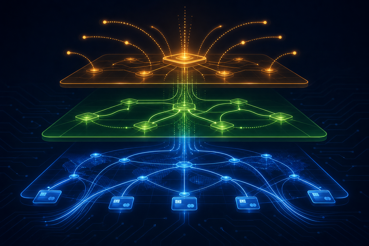 A three-layered architectural diagram rendered as glowing abstract technology infrastructure. Three distinct horizontal tiers stacked vertically, each tier represented by interconnected nodes and flowing data streams. The bottom tier glows with a soft blue light representing a foundation layer of card network connections. The middle tier pulses with green light showing intelligent routing pathways and branching decision nodes. The top tier emits a warm amber glow with sparse, targeted communication signals radiating outward. Dark navy background with subtle circuit patterns, modern fintech aesthetic, clean geometric shapes, no human figures, no text, no labels.