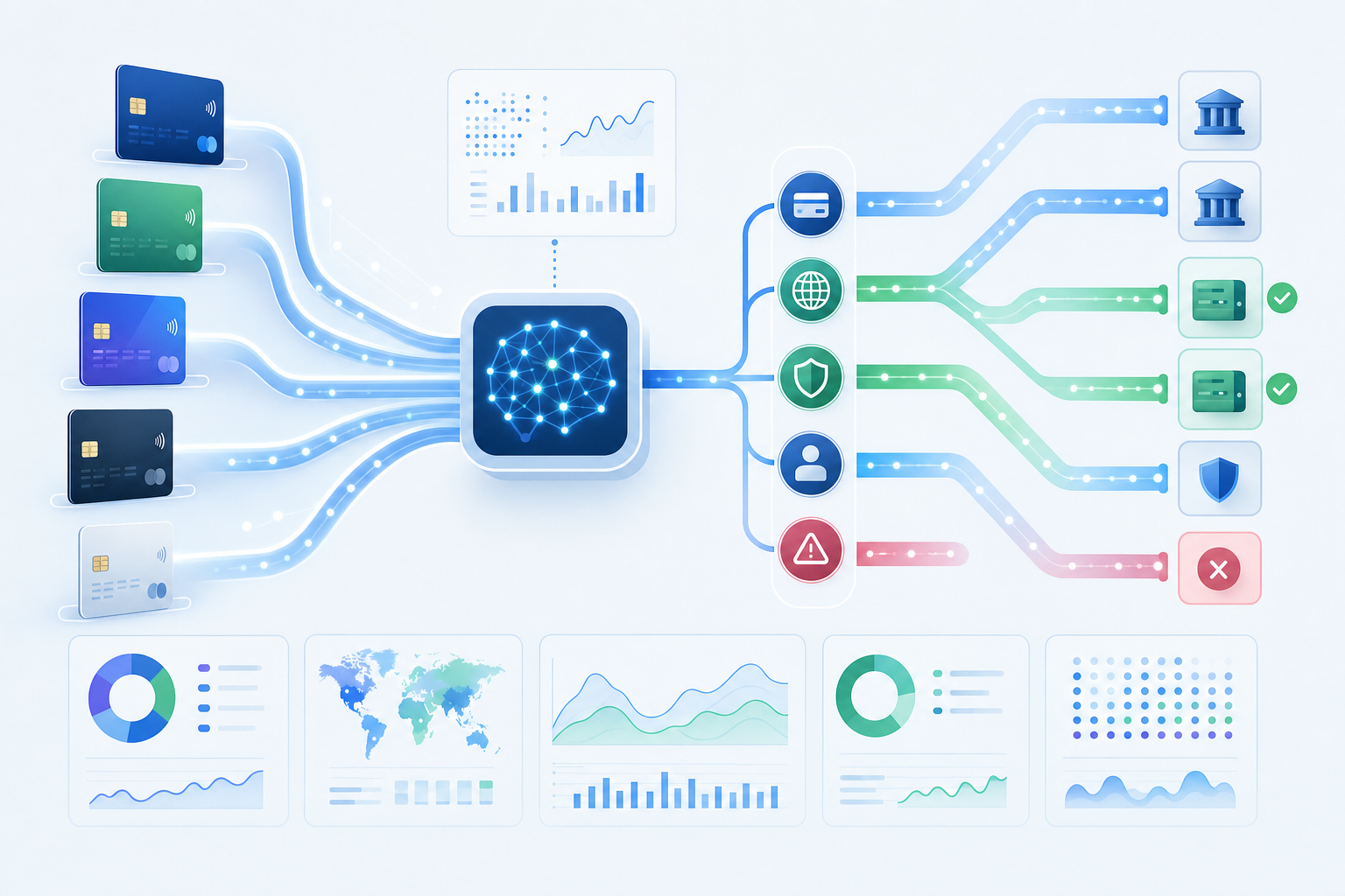 A clean, modern business illustration showing an automated payment processing system with intelligent decision-making. Visualize multiple payment cards (credit cards, debit cards) flowing through a smart routing system with branching pathways based on different factors like card type, geography, and error scenarios. Use a professional color palette with blues and greens, showing data points and signals being analyzed. The style should be minimalist and tech-forward, like a SaaS dashboard visualization, with abstract representations of AI analysis nodes evaluating payment transactions. No text or letters.