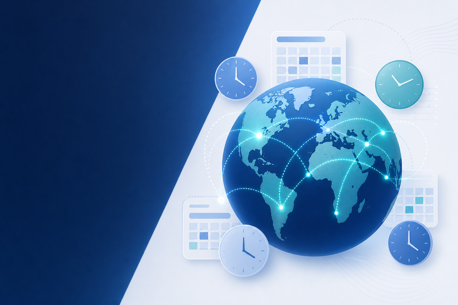 A clean, modern flat-design illustration showing a globe with glowing connection lines linking different geographic regions, overlaid with abstract clock faces and calendar grid patterns representing different time zones and payroll cycles. Soft blue and teal color palette with subtle data flow animations suggested through dotted arc lines between continents. No text, no labels, no letters.