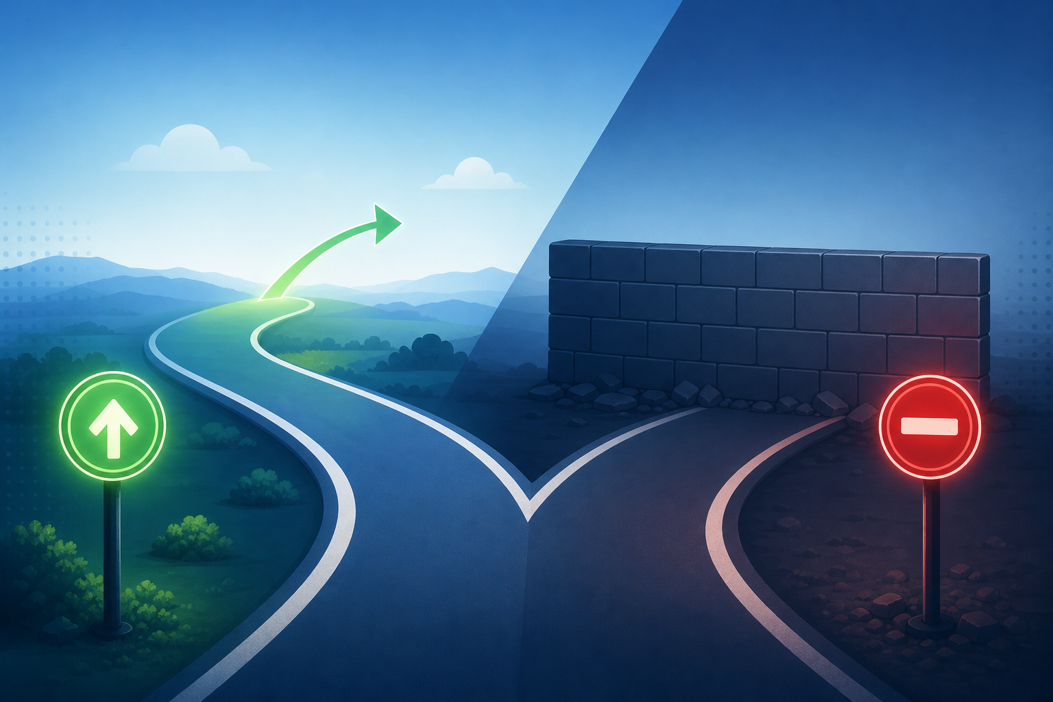 A split diagram concept showing two diverging paths at a fork in the road, one path smooth and leading forward representing a recoverable soft decline, the other path blocked by a wall or barrier representing a permanent hard decline, with visual cues like a glowing green light on one side and a red stop signal on the other, rendered in a clean modern flat illustration style with blue and dark navy tones, no text or labels